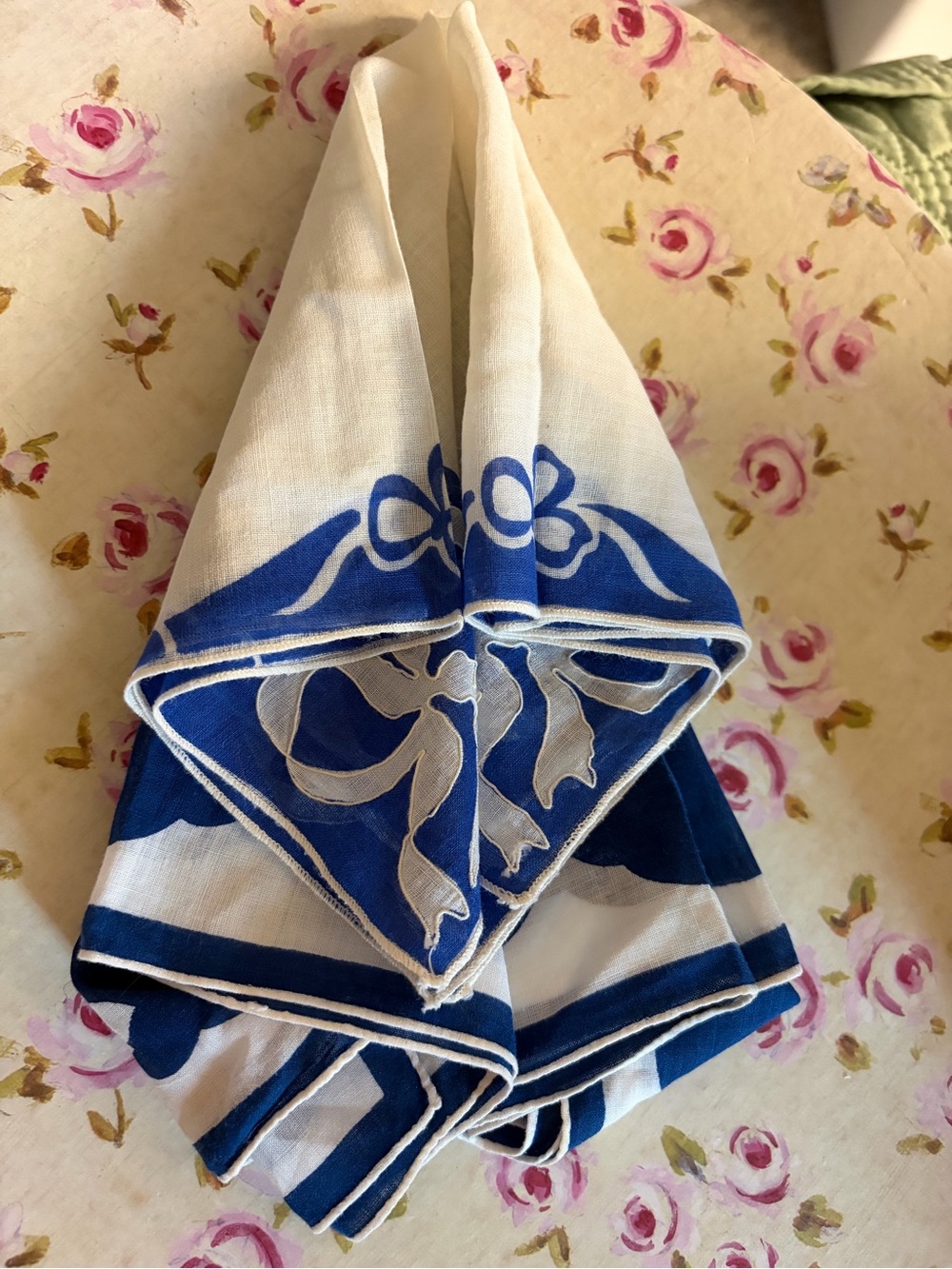Blue and White Bow Print Linen Handkerchief